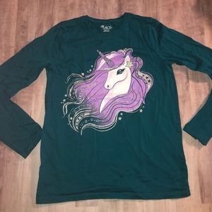 Children’s place dark green unicorn Tee. Sz XL